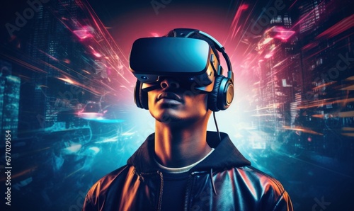 technology metaverse of the future, man wearing a virtual reality headset, Generative AI © Planetary Artist