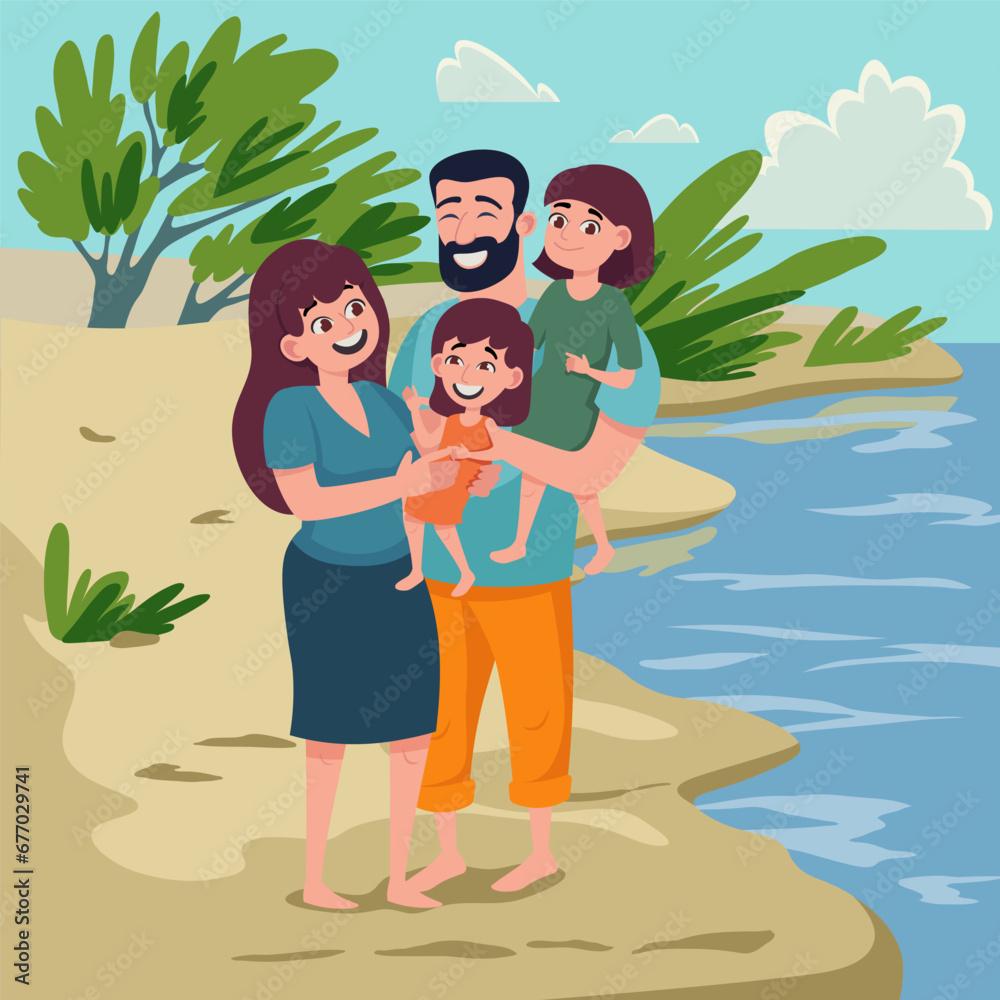Family with two children on bank of river. Vector illustration. People enjoying nature. Family, nature concept Family with two children on bank of river. Vector illustration. People enjoying nature. Family, nature concept