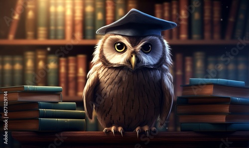Wise owl wearing graduation cap and glasses against a stack of books on a table in a library among the shelves,  Generative AI photo