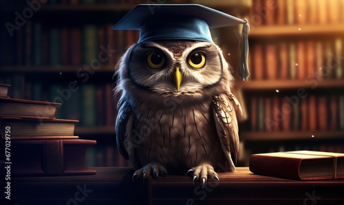 Wise owl wearing graduation cap and glasses against a stack of books on a table in a library among the shelves, Generative AI