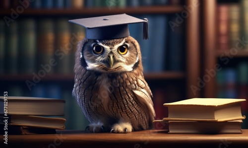 Wise owl wearing graduation cap and glasses against a stack of books on a table in a library among the shelves, Generative AI