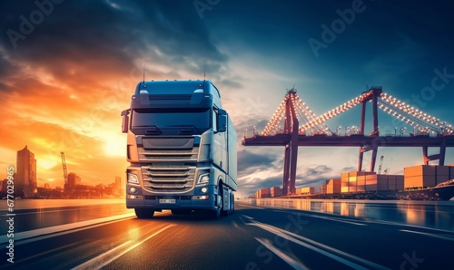 transportation and logistic import export and transport industry of truck container cargo ship, Generative AI photo