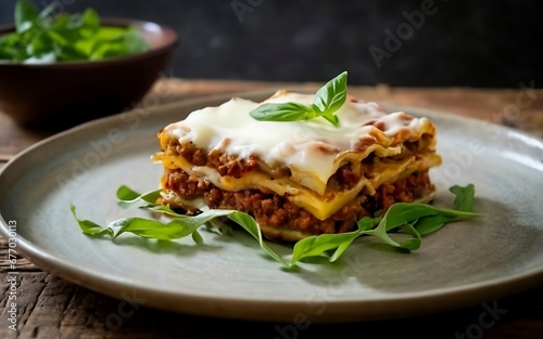 Piece of tasty hot lasagna close-up.