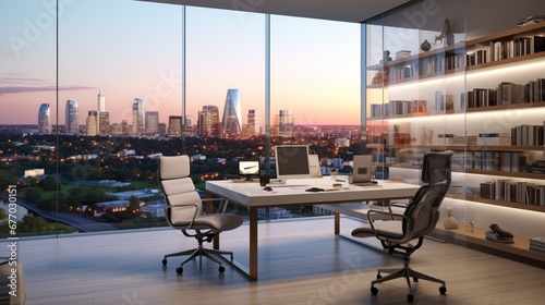 A sleek and modern home office with glass walls  minimalist furniture  and panoramic views of a cityscape. --ar 16 9 --v 5.2 - Image  4  sajawal