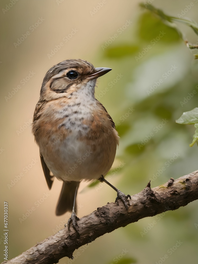 AI generated illustration of a small bird perched atop a tree branch in a lush forest setting