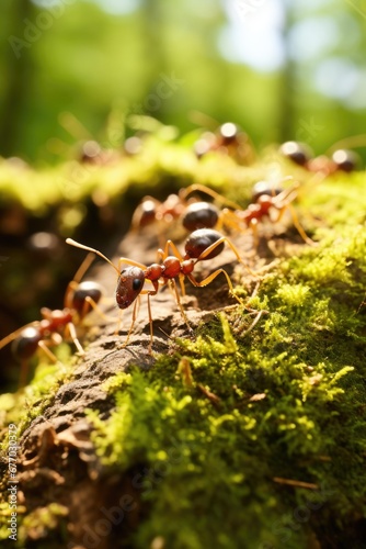A group of ants walking on a moss covered log. Generative AI.