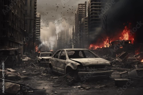 views of the city destroyed after the war, cars destroyed by fire, buildings destroyed, a gloomy atmosphere, seamless looping 4K video animation background photo
