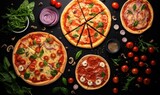 top view Italian food dishes and pizza on dark background, Generative AI