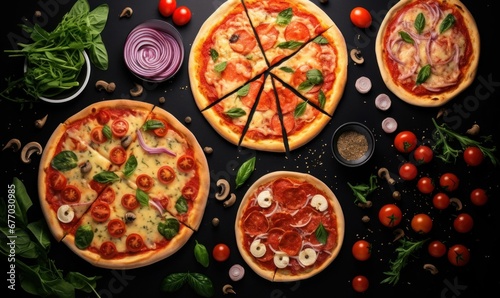 top view Italian food dishes and pizza on dark background, Generative AI
