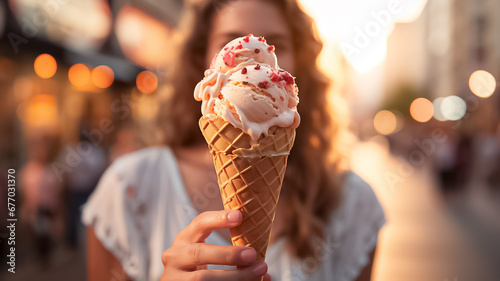 a beautiful young white american model woman holding and eating a gelato ice cream in a cone outside in a city on a sunny summer day. blurred background. Generative AI photo