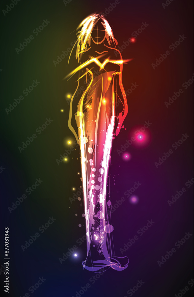 Hand-drawn fashion model from a neon. A light girl's. Fashion girl. Hand-drawn fashion model from a neon. A light girl's. Fashion girl.