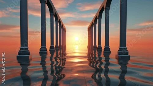 Dawn at the Water Temple: Greco-Roman Pillars Submerged in Calm Ocean Waters