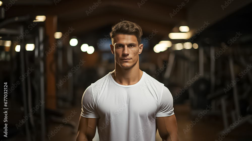 a handsome white american athlete bodybuilder with healthy muscular body standing with a tank top shirt in a gym. blurry fitness gym in the background. Generative AI