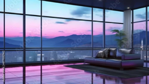 Dawn Over City: Chic Minimalist Skyscraper Penthouse with Leather Couch