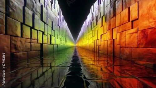 Illuminated Cobblestone Canal: Shimmering Colorful Light Reflections
