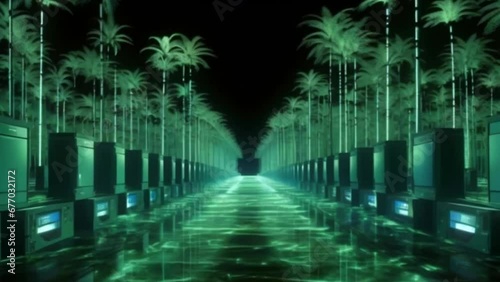 Cyber Night Scene: Neon Green Water Canal Framed by Dark Trees