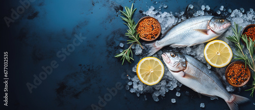 blue Background with fresh fish with lemon and herbs, empty copy space