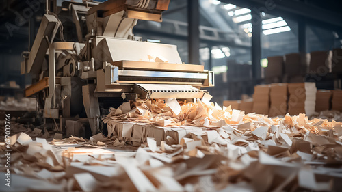 Closeup shot of a large paper mill, showcasing the process of transforming recycled paper into cellulose fiberboards used in construction for insulation or soundproofing. photo