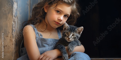a painting of a girl with a kitten, in the style of digital art techniques, generative AI