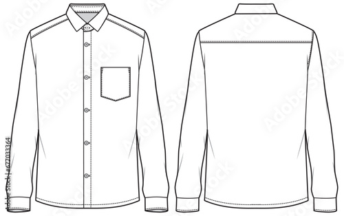Men's long sleeves slim fit formal shirt flat sketch illustration with front and back view, Woven shirt for formal wear and casual wear fashion illustration template mock up