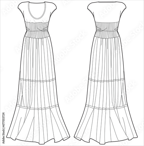 Maggie sleeve column wedding dress design flat sketch fashion illustration with front and back view, U neck pleated trumpet bridal dress flat sketch cad drawing template