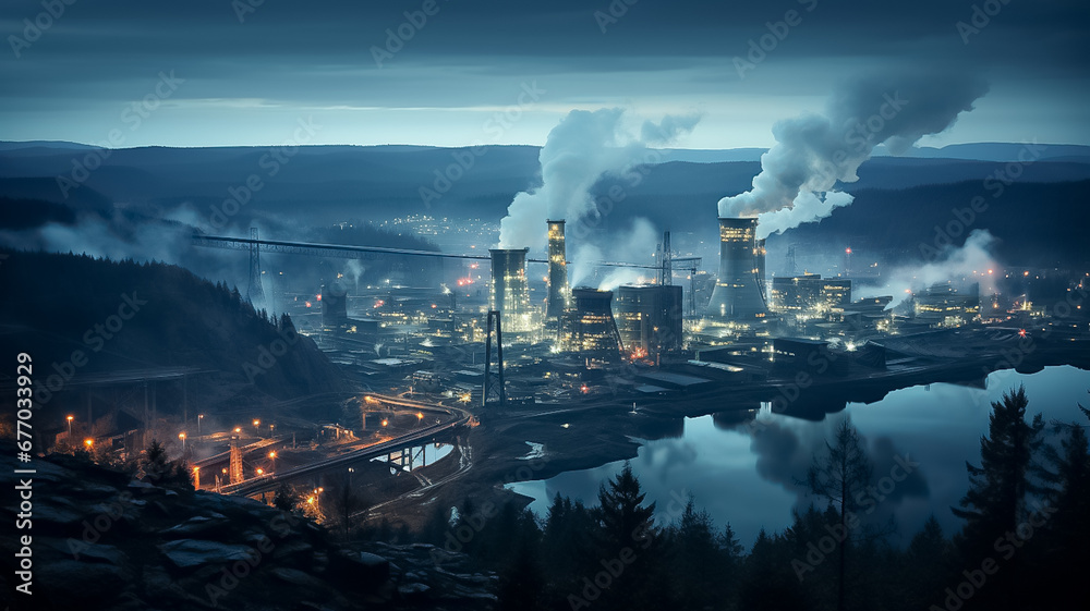Night photograph of the largest paper production industry in Scandinavia - obrazy, fototapety, plakaty 