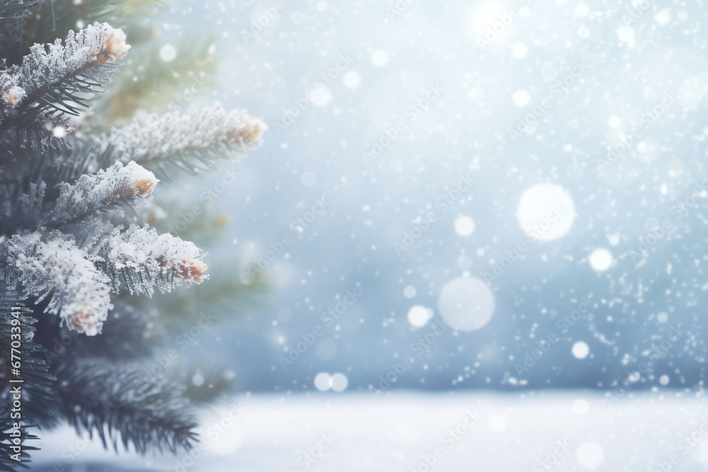 A pine or fir tree branch covered in snow with a blurred winter landscape in background