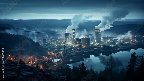 Night photograph of the largest paper production industry in Scandinavia photo