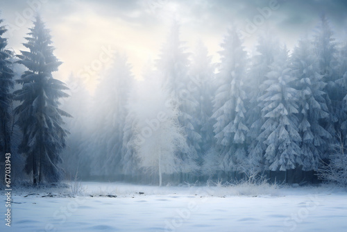 Snowy winter landscape with a mountain and trees covered in snow © Adrian Grosu