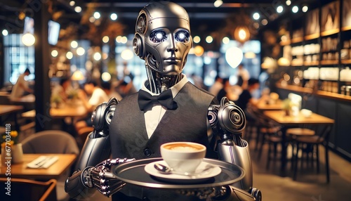 A modern robot waiter serving coffee at a café.  photo