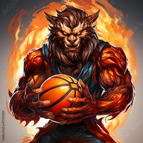 basketball wolf mascot posing with a basketball