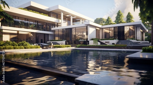 A sleek and modern mansion with expansive glass walls, a minimalist landscape, and a cascading water feature for a luxurious and contemporary look. © MuhammadHamza