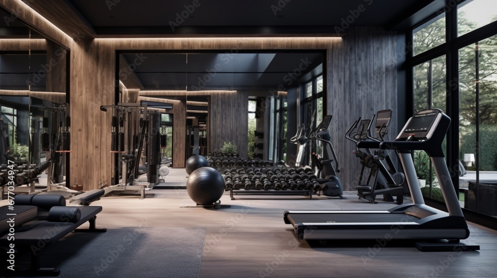 A sleek home gym with mirrored walls, high-tech exercise equipment, and a motivational wall displaying fitness quotes. 