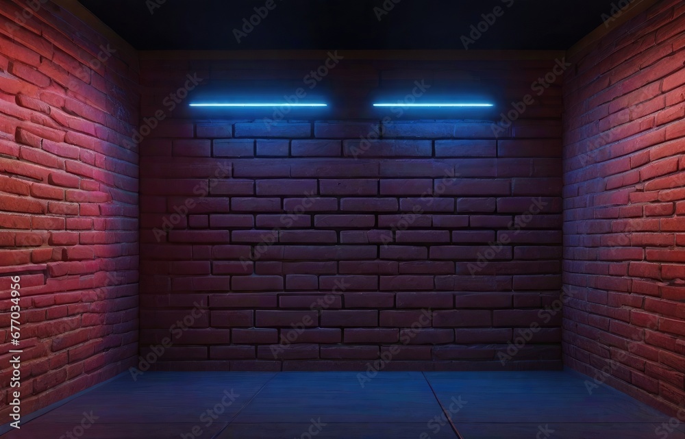 Red and blue neon light on brick wall background. Abstract background Red and blue neon light on brick wall background. Abstract background