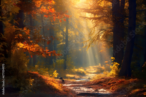good morning fall - autumn forest scene with morning sunlight filtering through the trees 