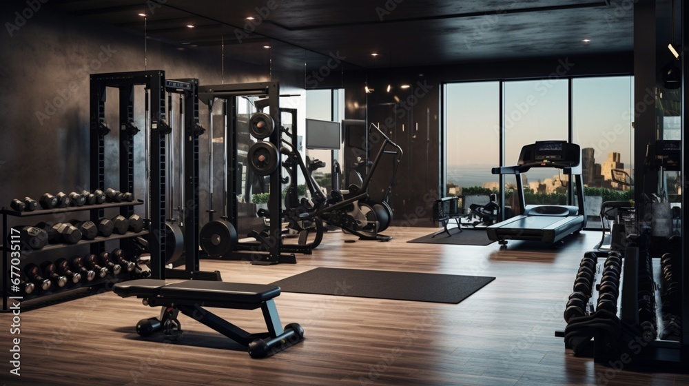 A sleek home gym with mirrored walls, high-tech exercise equipment, and a motivational wall displaying fitness quotes. A sleek home gym with mirrored walls, high-tech exercise equipment, and a motivational wall displaying fitness quotes.