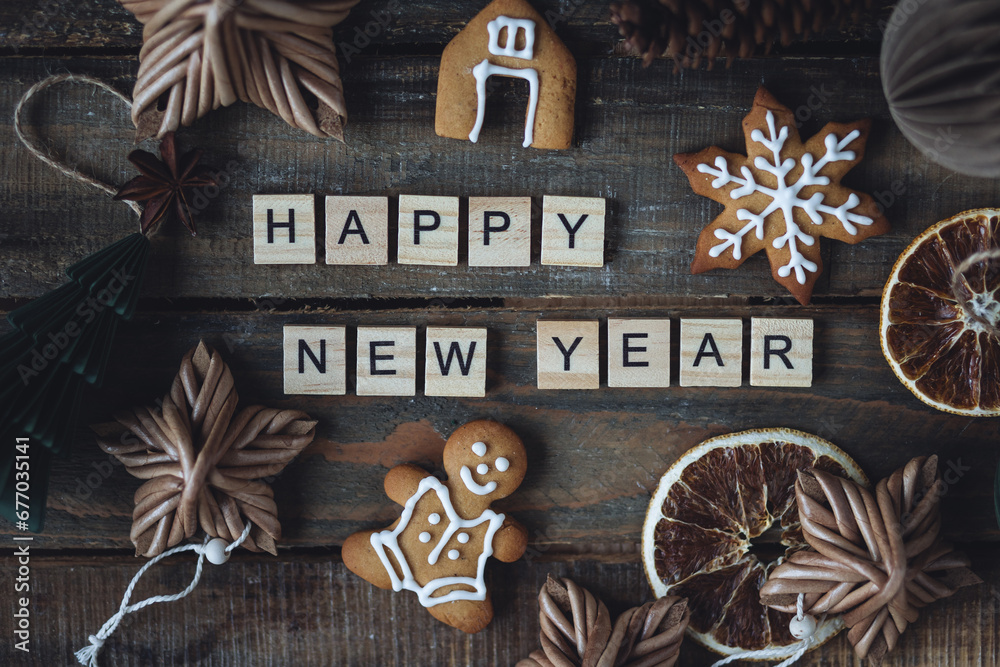 Happy New Year greeting written with wooden blocks . Holidays card on wooden background with gingerbread cookies, handmade craft toys, festive rustic zero waste decorations. Sustainable lifestyle Happy New Year greeting written with wooden blocks . Holidays card on wooden background with gingerbread cookies, handmade craft toys, festive rustic zero waste decorations. Sustainable lifestyle