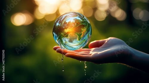 A soap bubble transforming into a droplet of clean water, advocating for access to safe and clean water worldwide