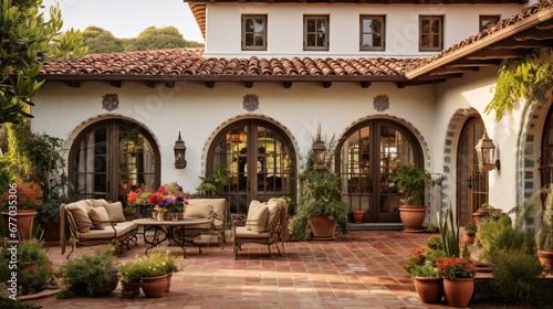 A Spanish hacienda-style home with a courtyard entrance  arched doorways  and vibrant tiles for a warm and inviting Mediterranean feel.