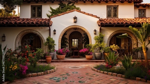 A Spanish hacienda-style home with a courtyard entrance, arched doorways, and vibrant tiles for a warm and inviting Mediterranean feel.