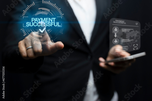 Online payment with check mark. Smartphone with banking online bill payment Approved concept button, credit card and network connection icon on business technology virtual screen background. photo