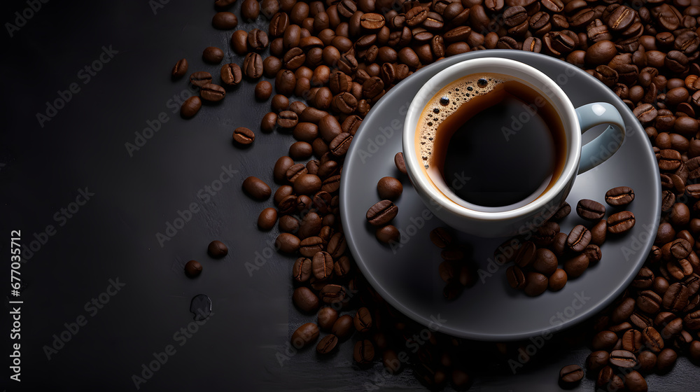 a Cup Of hot Coffee and roasted coffee beans with a dark background for Copyspace - top view
a Cup Of hot Coffee and roasted coffee beans with a dark background for Copyspace - top view