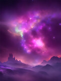 Abstract starlight and pink and purple and blue clouds stardust. This image shows a cloudy night sky with stars, with a castle in the distance. The clouds are purple and fluffy