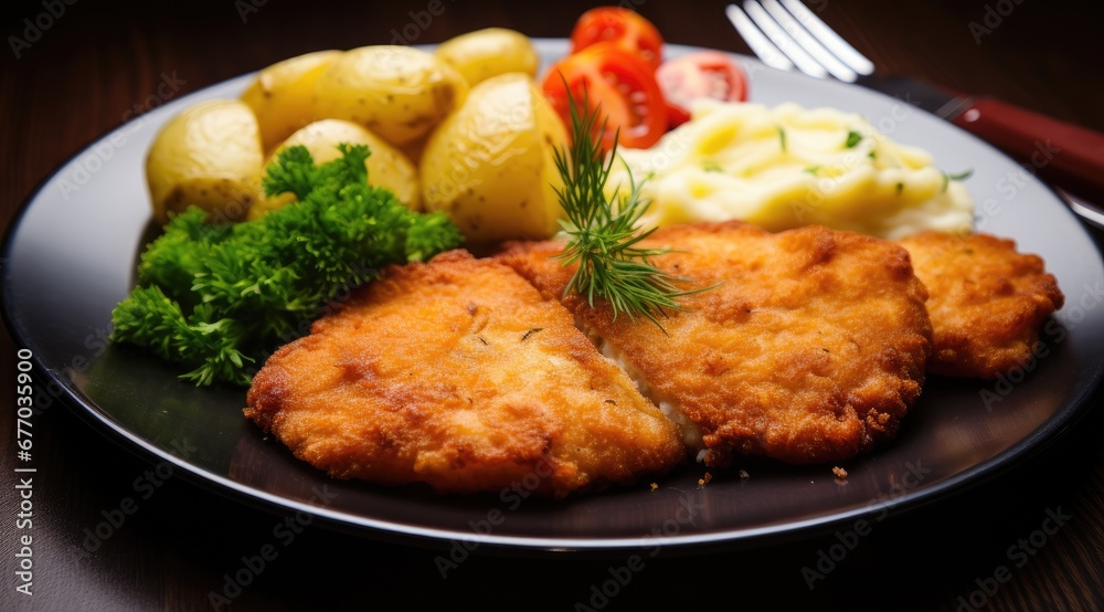 Chicken schnitzel with potatoes. Generative AI Chicken schnitzel with potatoes. Generative AI