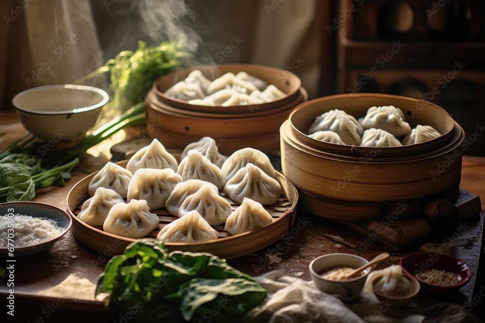View of freshly made Chinese dumplings in the kitchen. Chinese making dumplings. Generative AI