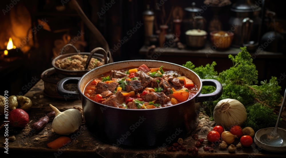 Beef Stew in a slow-cooker, ready to serve. Generative AI - obrazy, fototapety, plakaty 