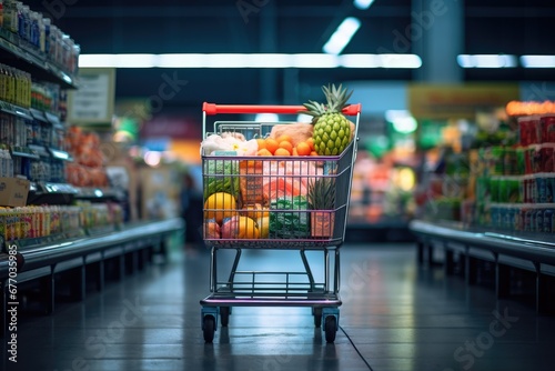 Shopping cart in grocery store full of fruits and vegetables. Generative AI photo