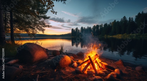 Camp fire with beautiful Canadian nature landscape. Generative AI #677035991