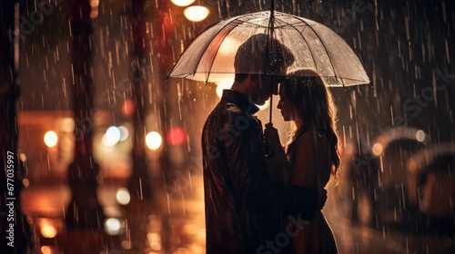 Love in the rain. Silhouette of a couple under an umbrella. Generative AI