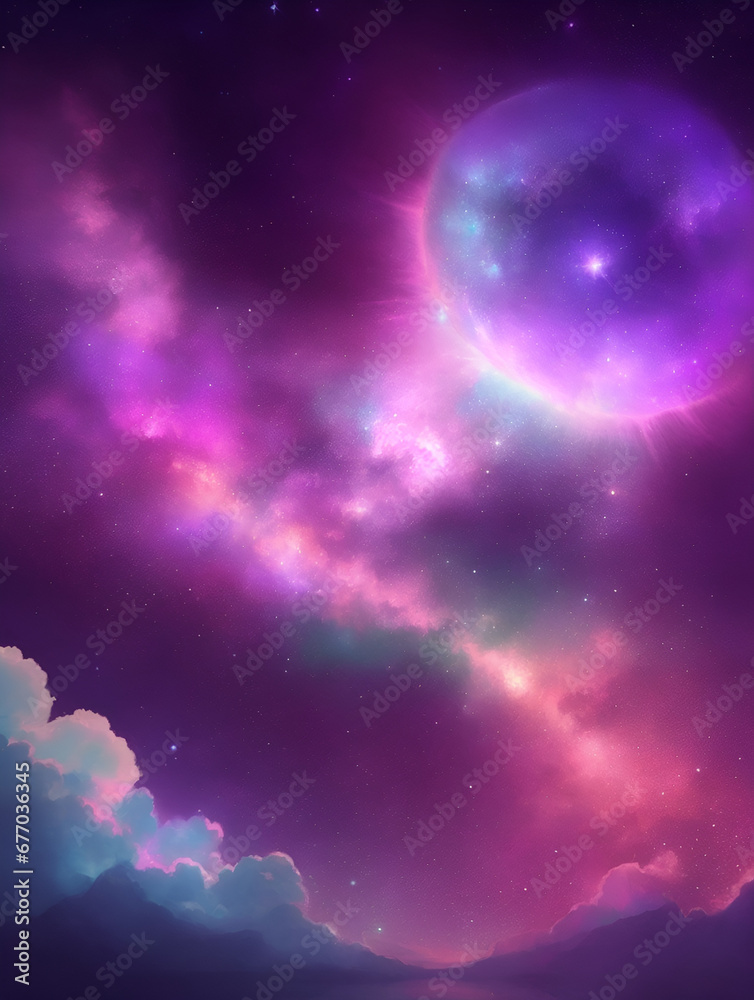 Abstract starlight and pink and purple and blue clouds stardust. This image shows a cloudy night sky with stars. The clouds are purple and fluffy, and the stars are shining brightly in the sky